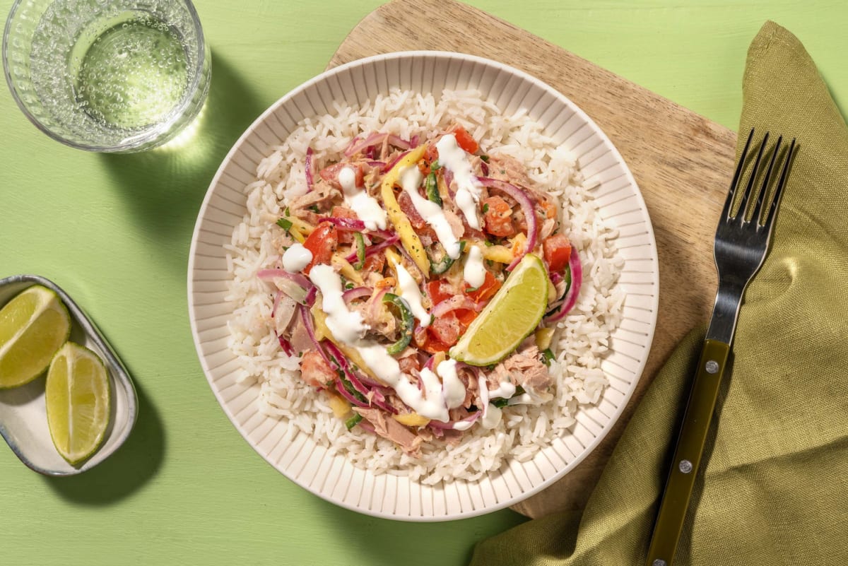 Fruchtig-scharfe Thunfisch-Bowl mit Reis