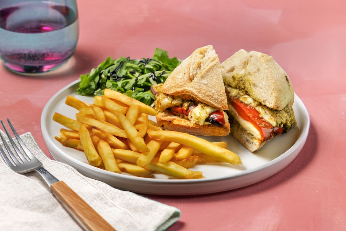 Mozzarella, Roasted Pepper and Pesto Panini and Oven-Ready Chips