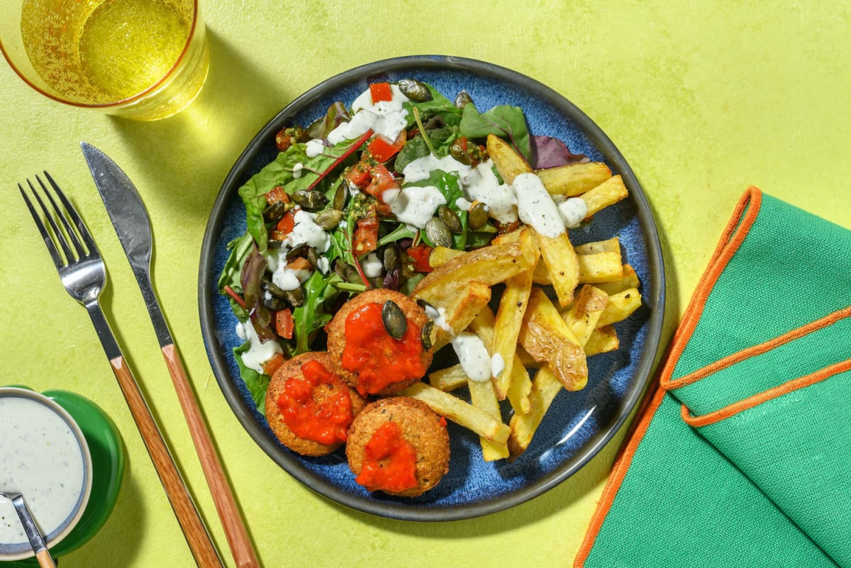 Glazed Falafels and Spiced Chips