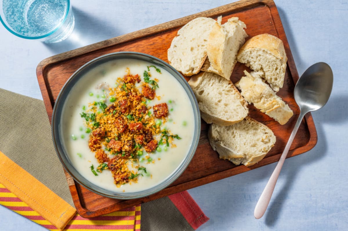 Chorizo Crumbed Pea and Potato Soup