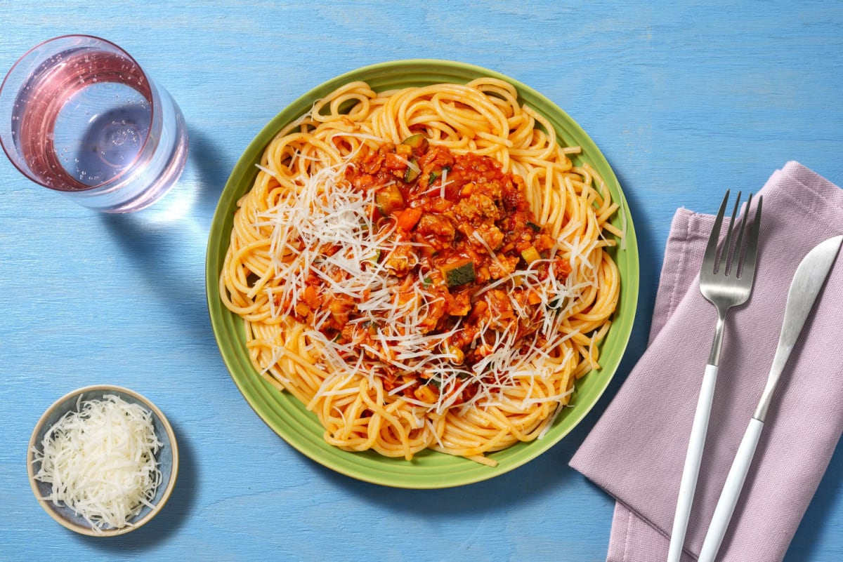 Snelle spaghetti bolognese met ontbijtspek