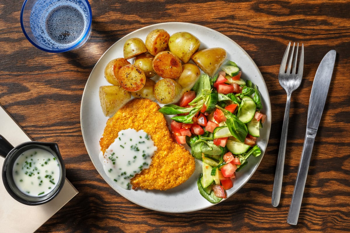 Vegetarische schnitzel met bieslookroomsaus