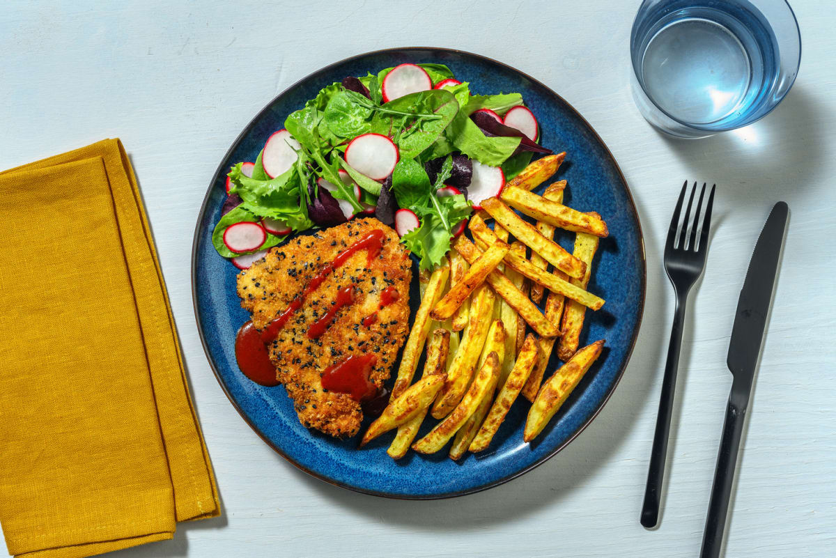 Sesame Crusted Pork Schnitzel and Fries