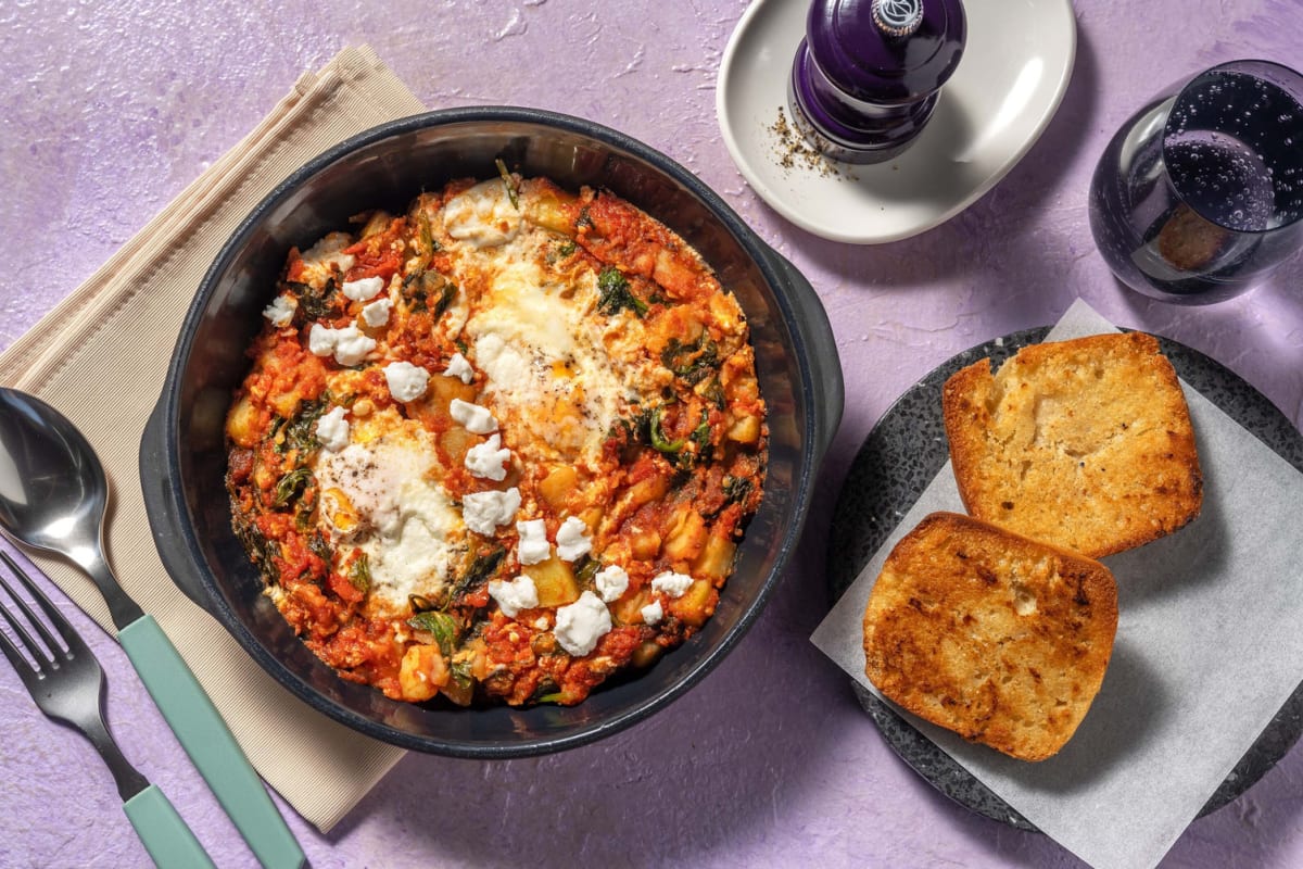 Shakshuka met aardappelen en geitenkaas 