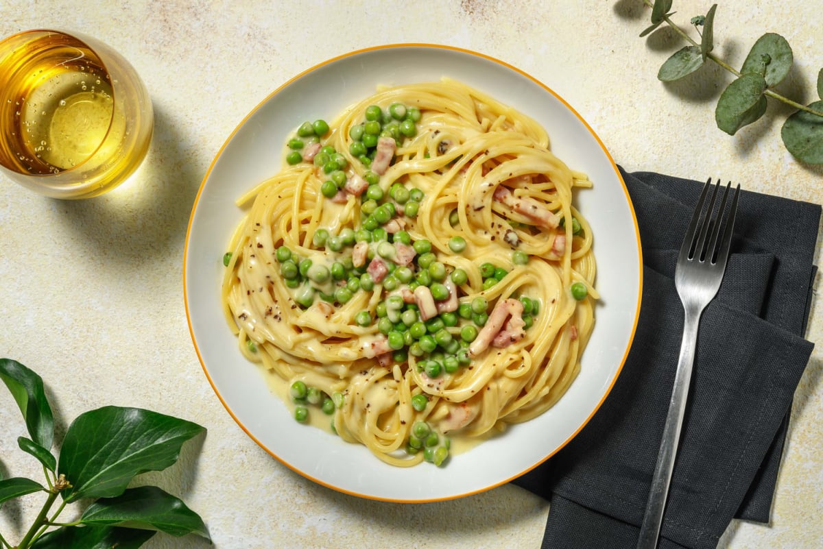 Creamy Truffled Bacon and Pea Spaghetti