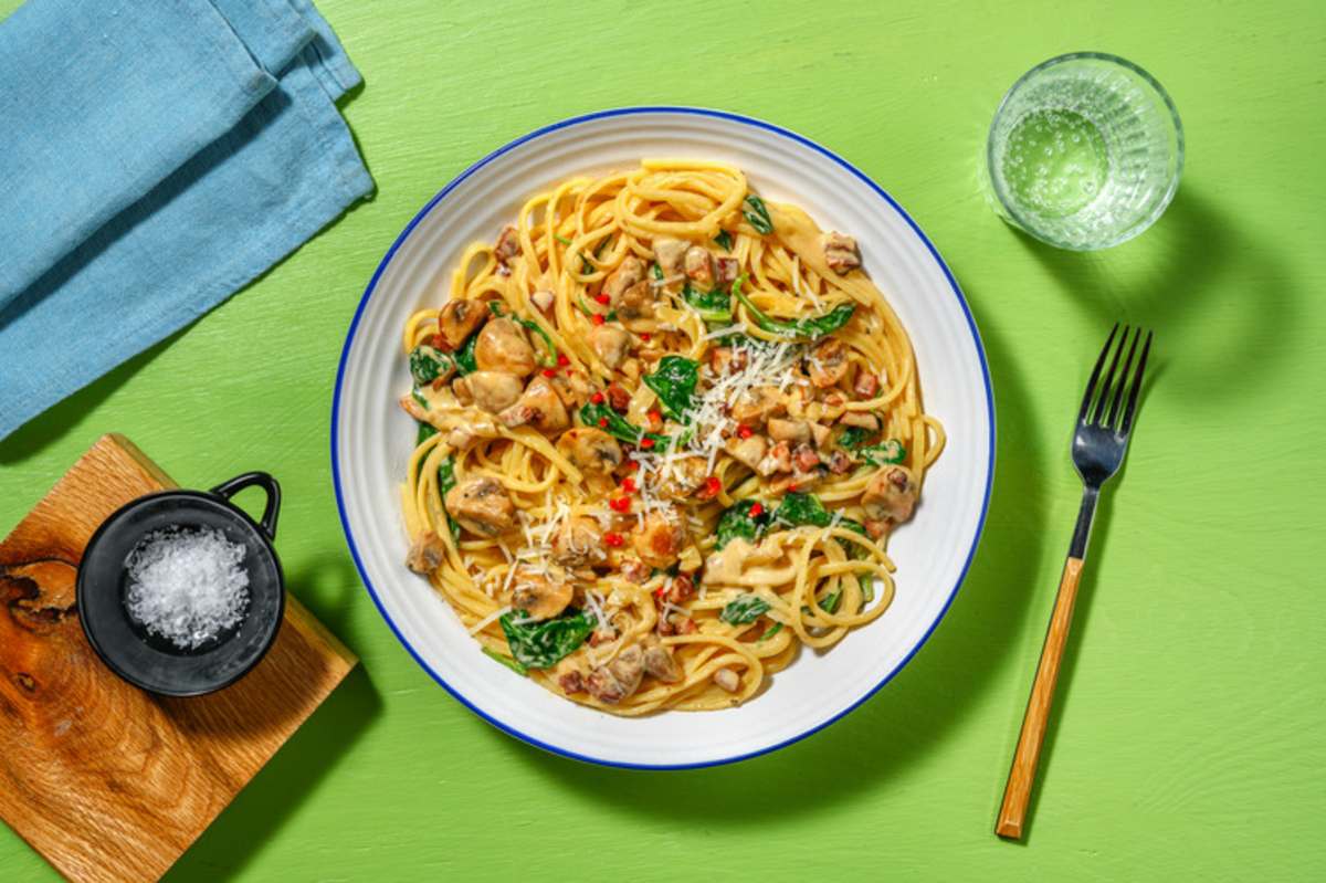 Spicy Mushroom and Bacon Linguine with Chicken
