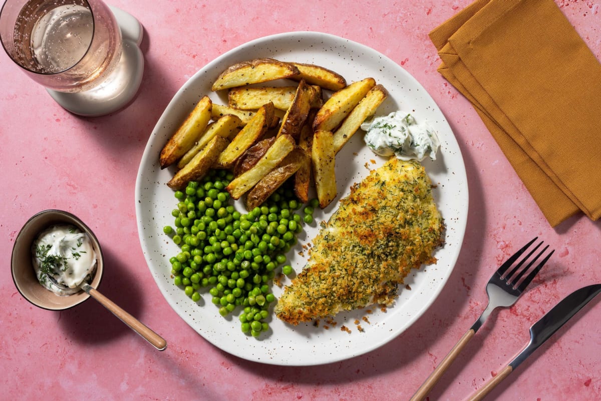 Herby Crusted Basa and Salt & Vinegar Chips