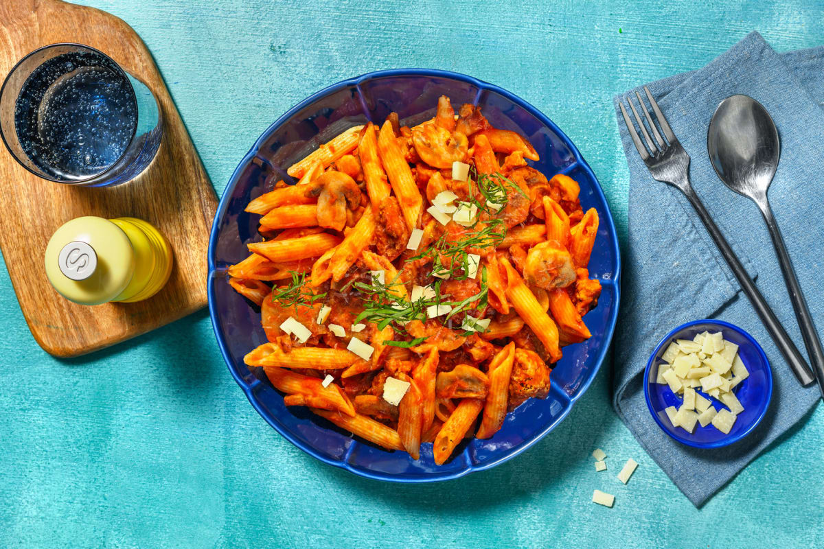 Volkoren penne met rodepesto-tomatensaus