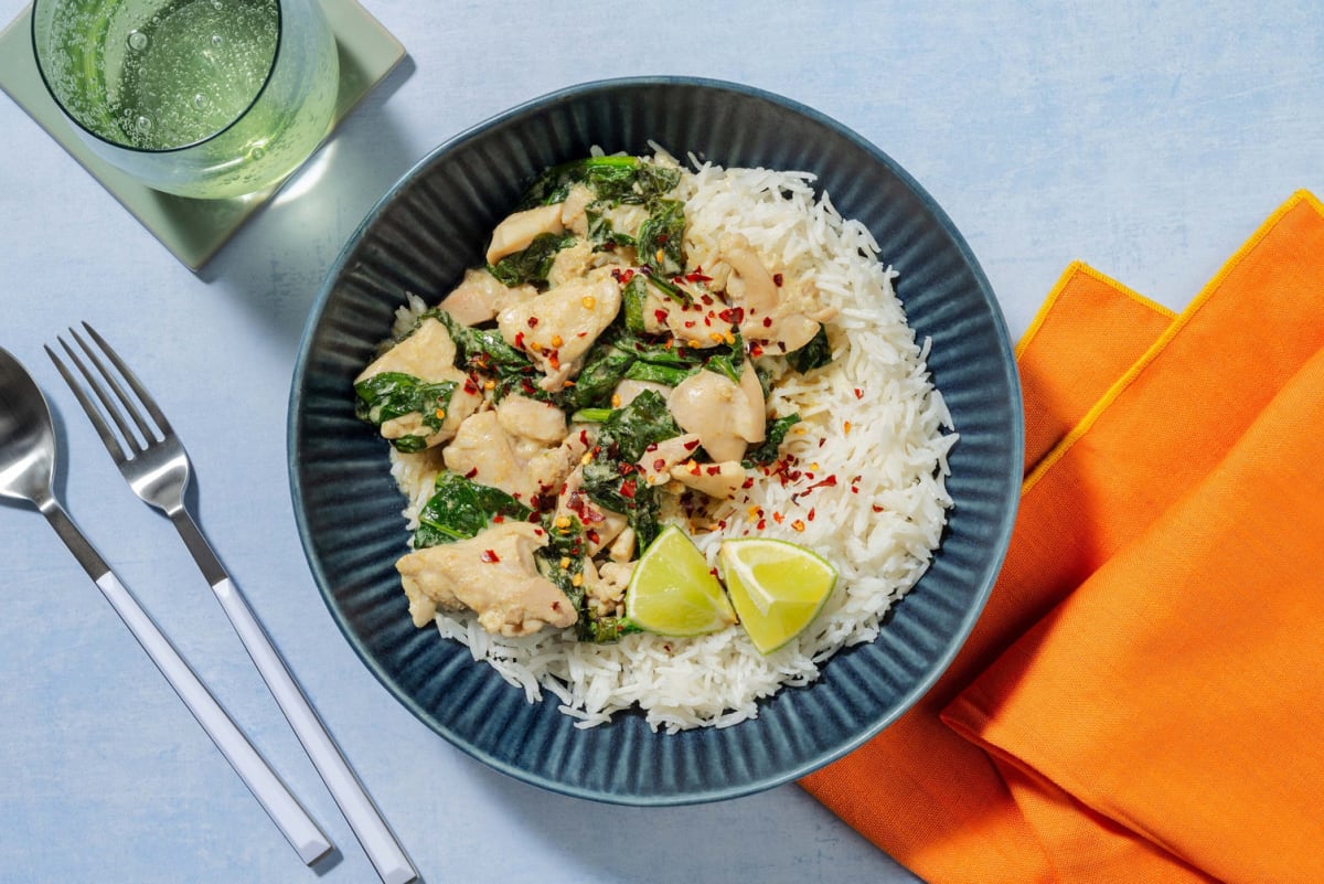 Thai Green Style Chicken Curry with Baby Spinach and Fragrant Jasmine Rice