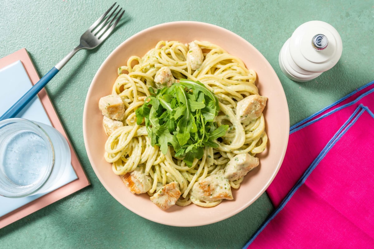 Presto Pesto Chicken and Serrano Ham Spaghetti