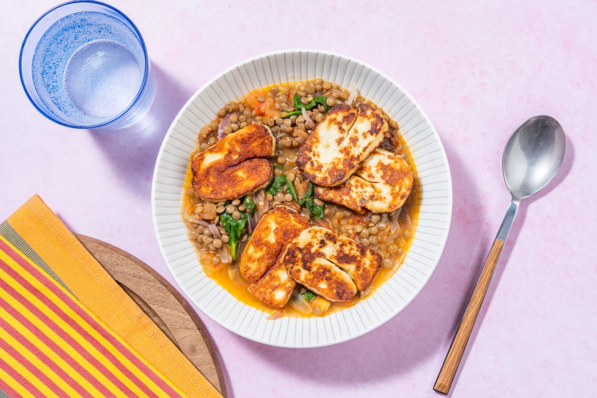 Pan-fried Cheese on Harissa Lentils