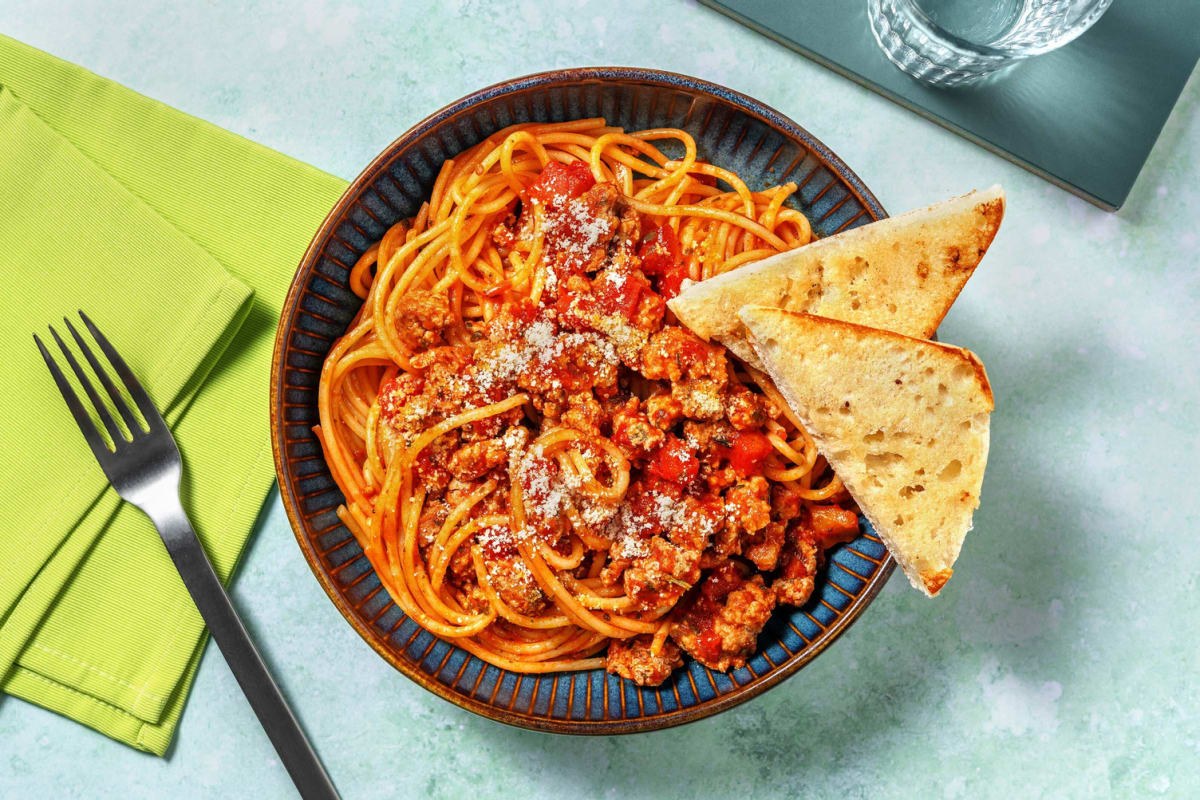 Oregano Sausage Spaghetti Bolognese with Italian Style Cheese and Garlic Bread
