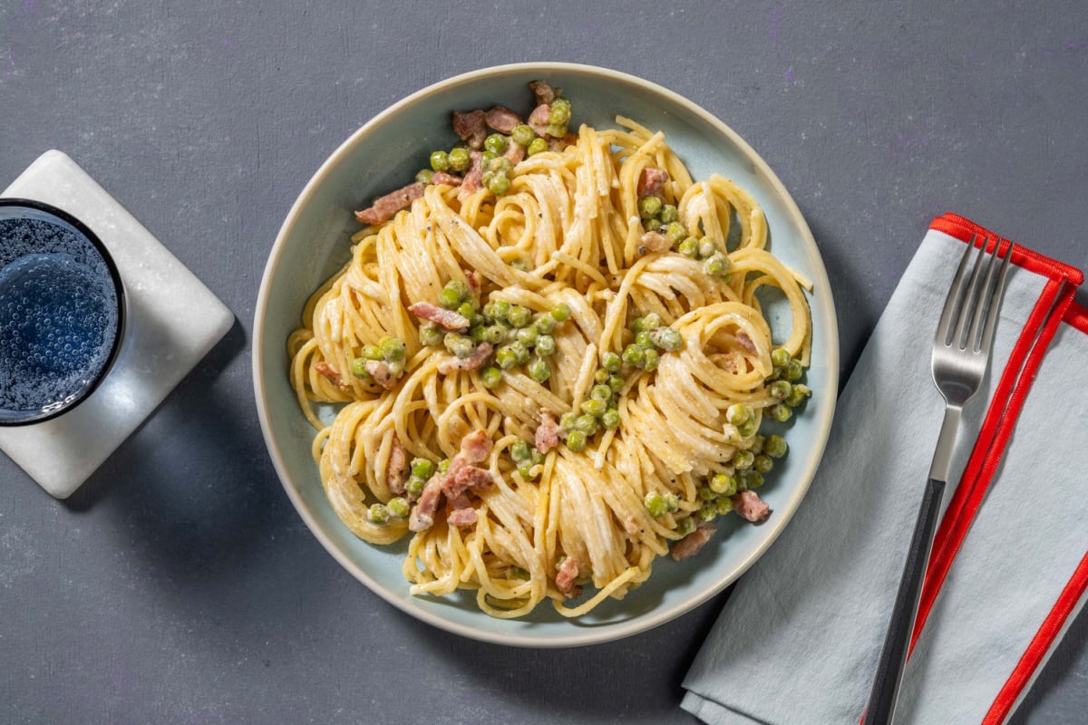 Creamy Truffle, Double Bacon and Pea Spaghetti