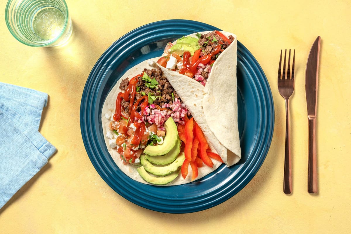 Fajitas au bœuf haché, avocat et salsa de tomate