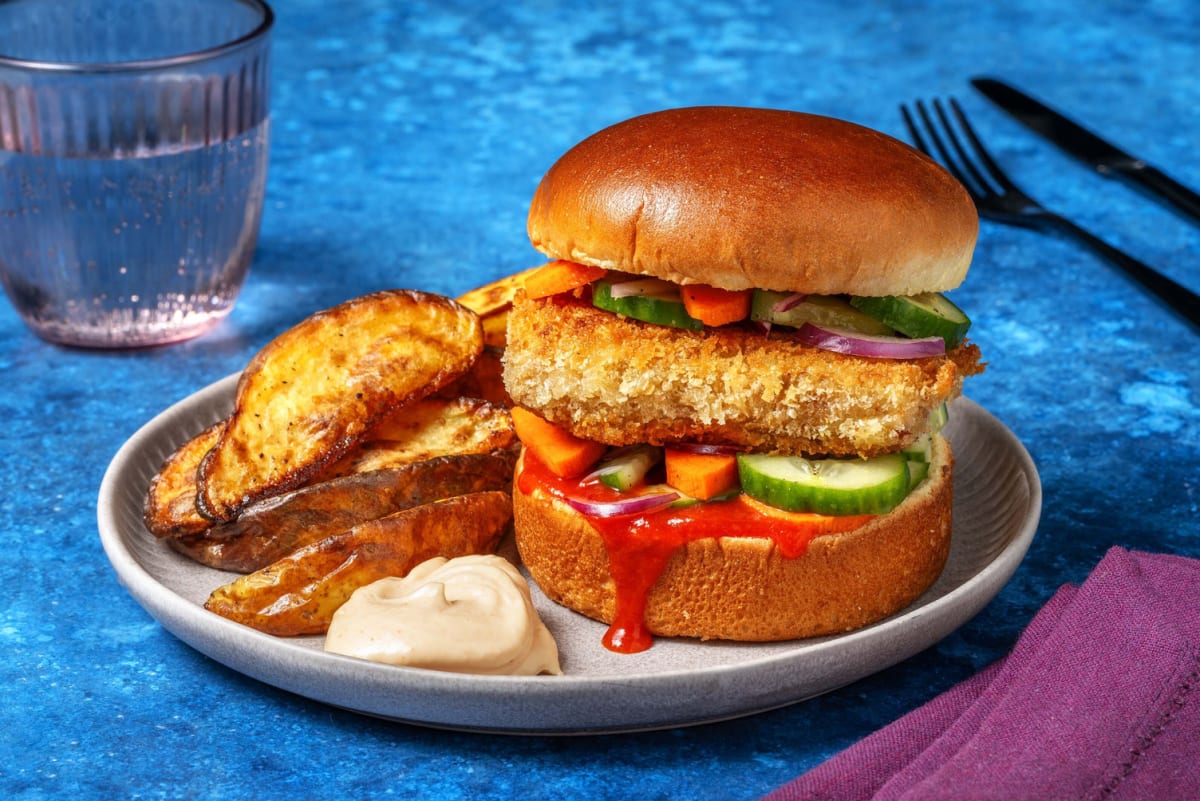 Spicy Crispy-Tofu Burger mit eingelegtem Gemüse