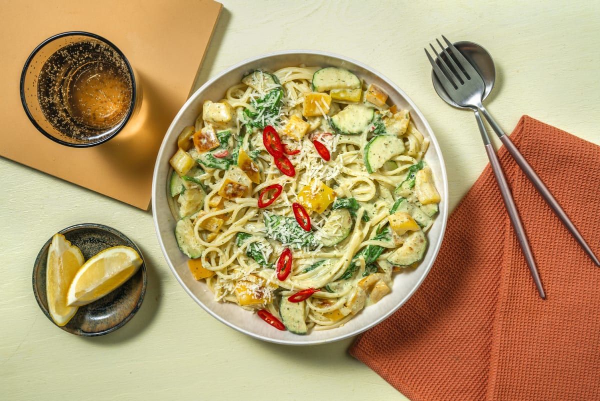 Linguines au citron, aux crevettes et à la courgette