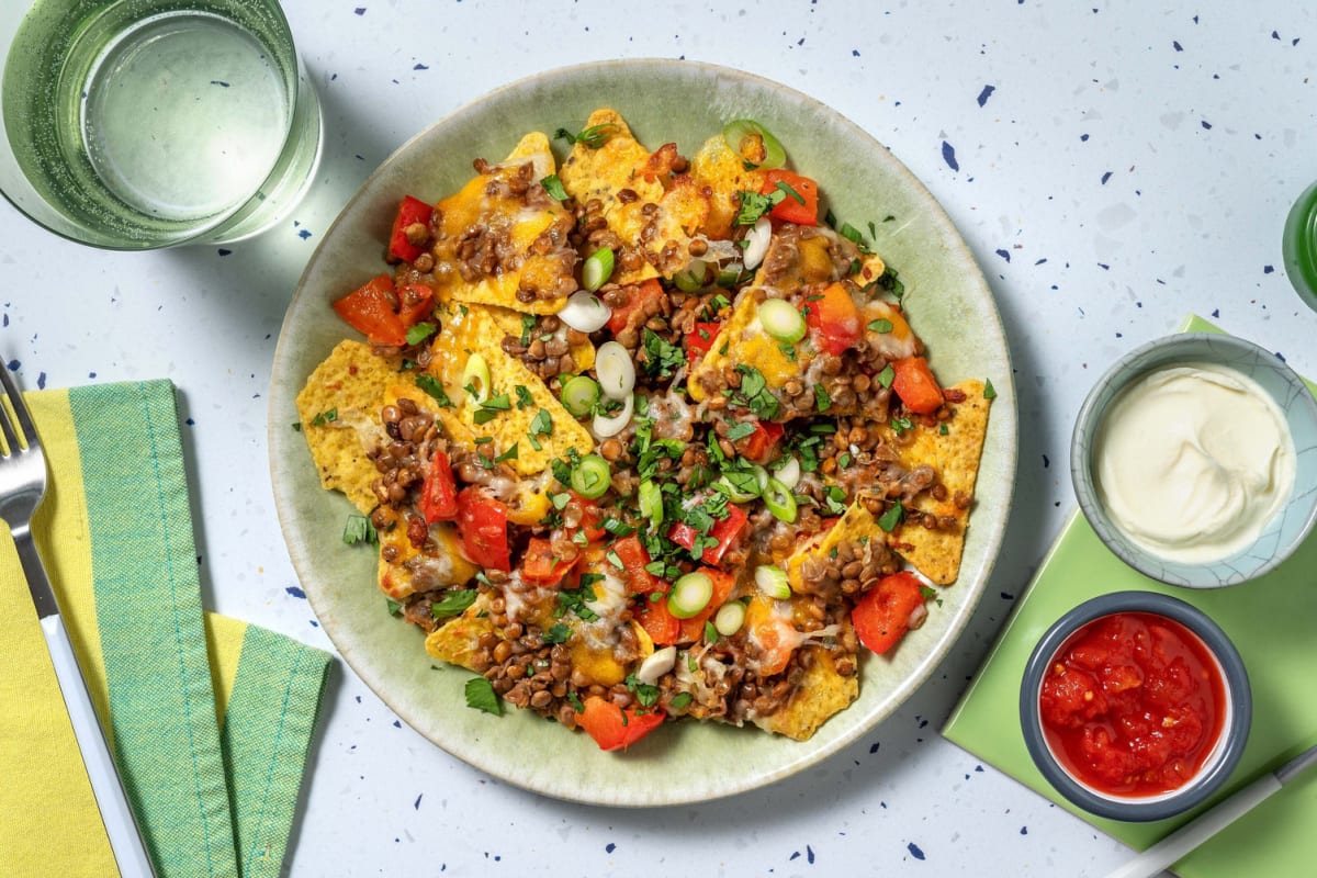 Loaded Cheesy Chorizo and Lentil Nachos