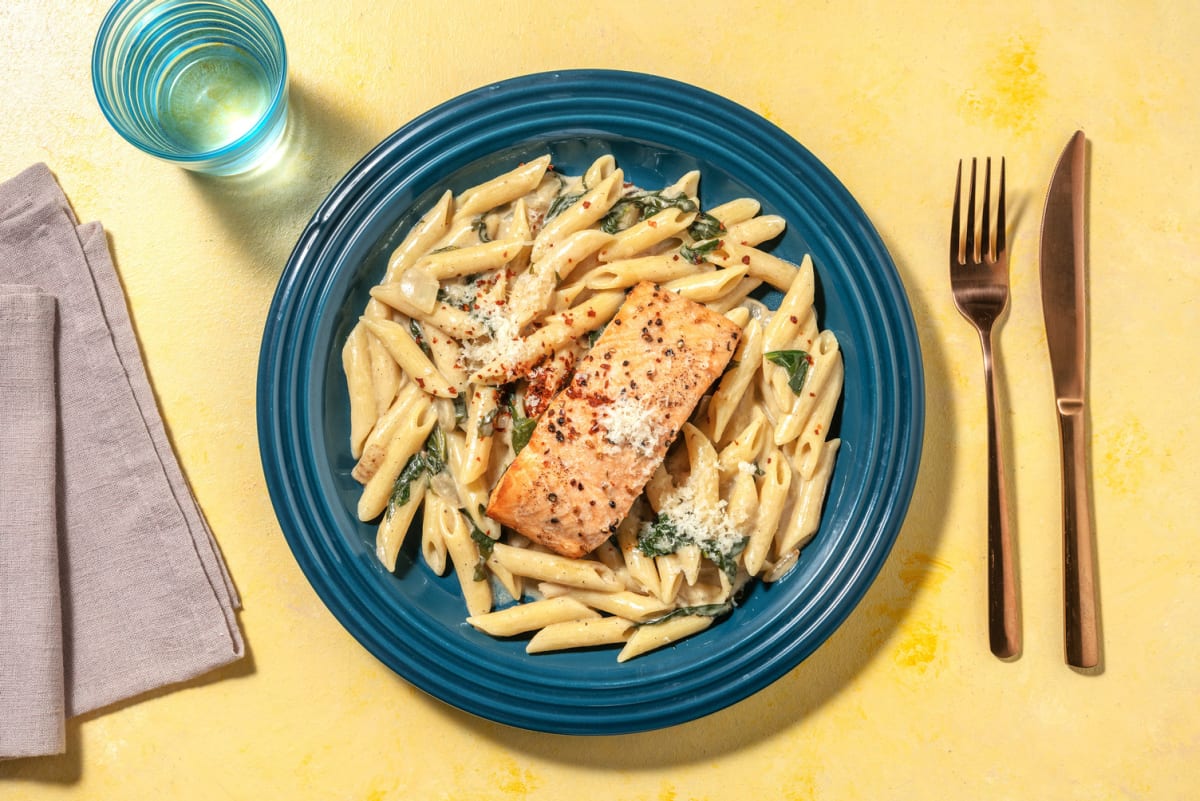 Creamy Garlic Jumbo Salmon Penne