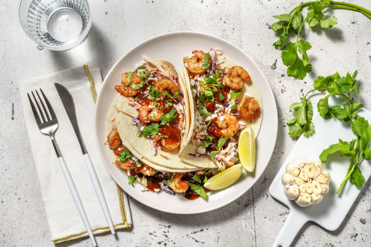 Tacos aux crevettes et à la salade de chou acidulée