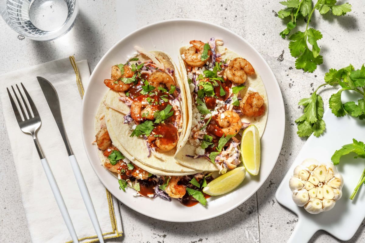 Tacos aux crevettes et à la salade de chou acidulée