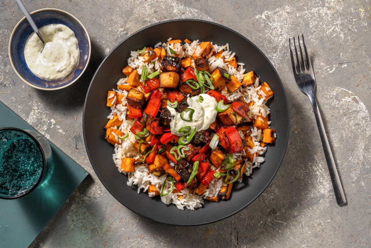 Mango-Jerk Tofu & Chicken Rice Bowls