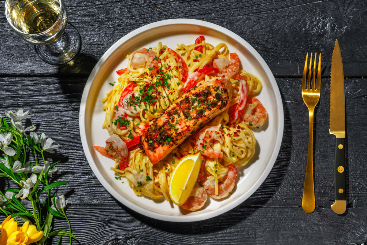 Creamy Garlic Shrimp and Herby Salmon