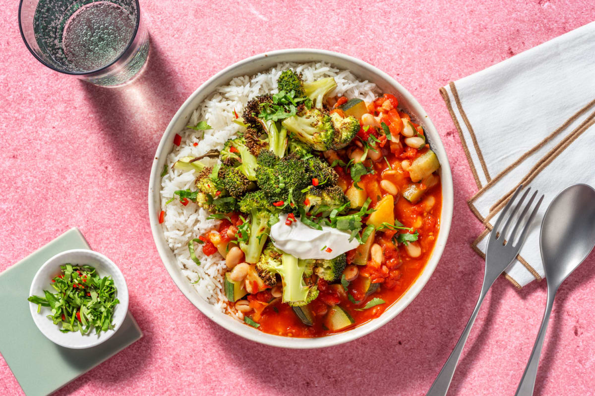 Crispy Broccoli Topped Bean Chilli