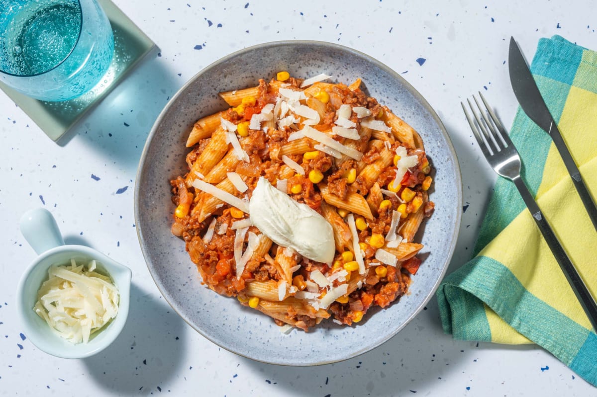 Snelle pasta met vegetarisch gehakt en Mexicaanse kruiden