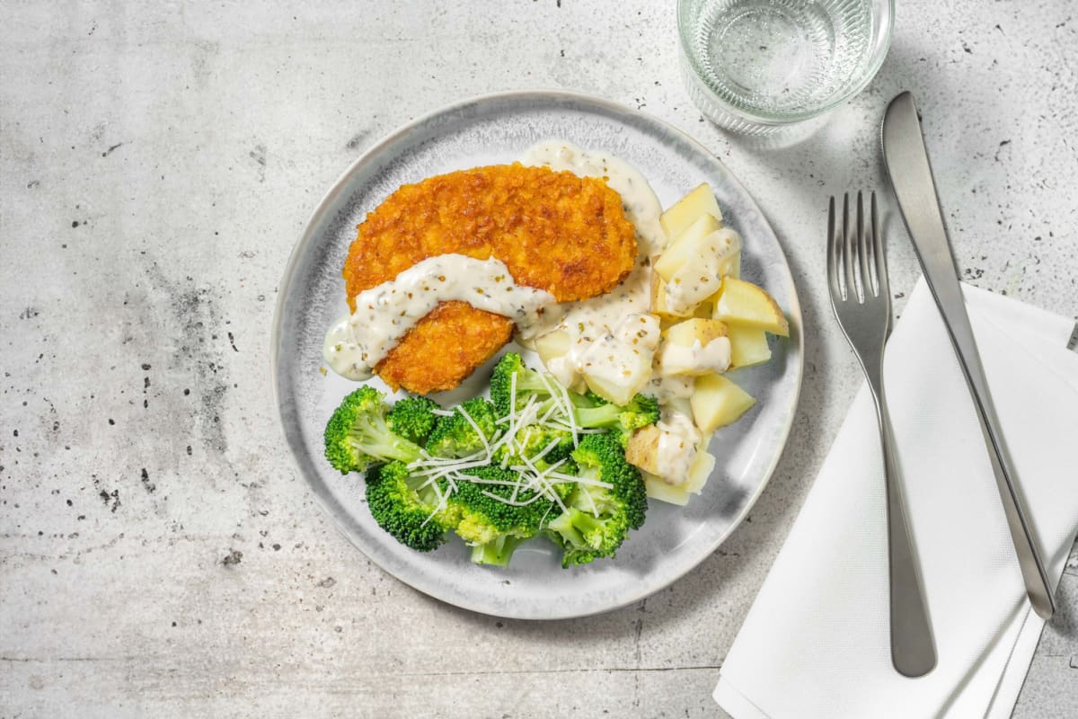 Escalope panée végétarienne en sauce crémeuse au parmesan