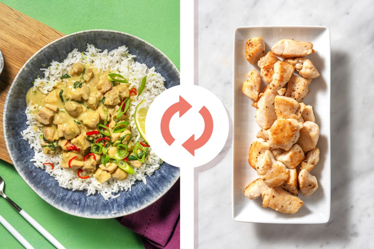 Thai Green Style Diced Chicken Breast Curry with Baby Spinach and Fragrant Jasmine Rice