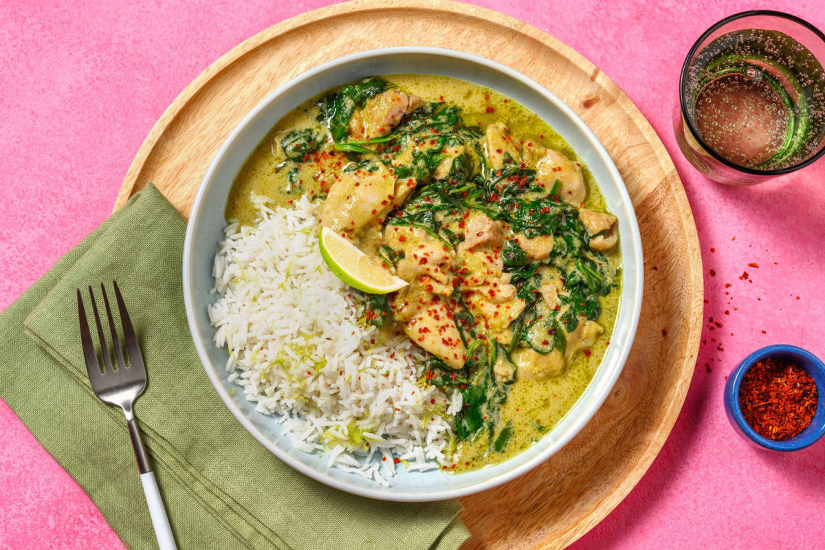 Thai Green Style Chicken Curry with Baby Spinach and Fragrant Jasmine Rice