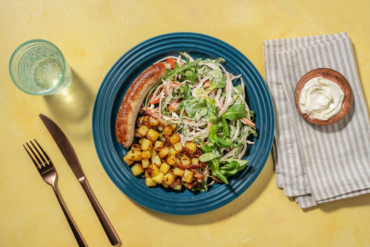 Saucisse marjolaine-ail et pommes de terre poêlées aux lardons