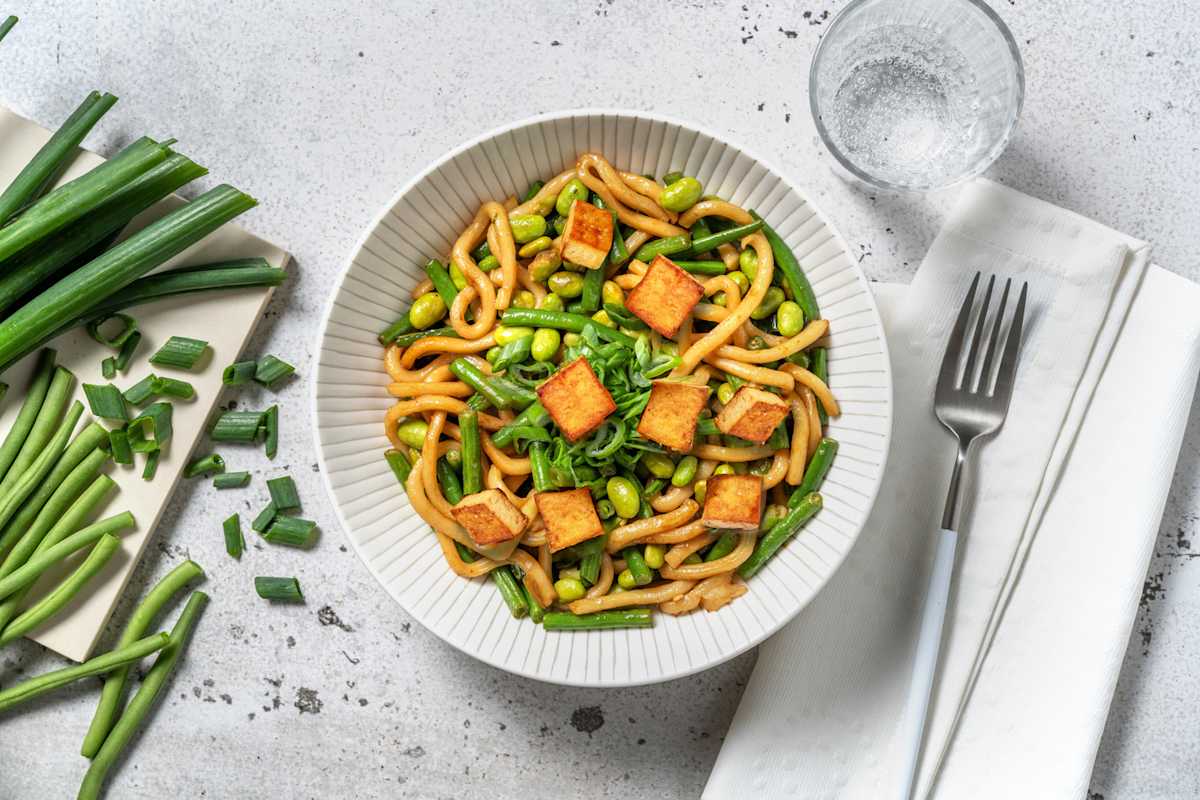 Udon 'green' ai fagiolini, edamame e tofu