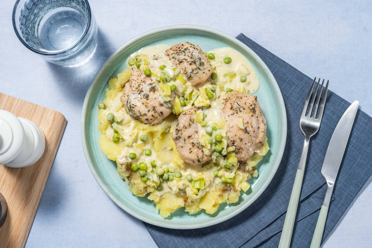 Roasted Chicken Thighs and Cheesy Leek Sauce Recipe HelloFresh