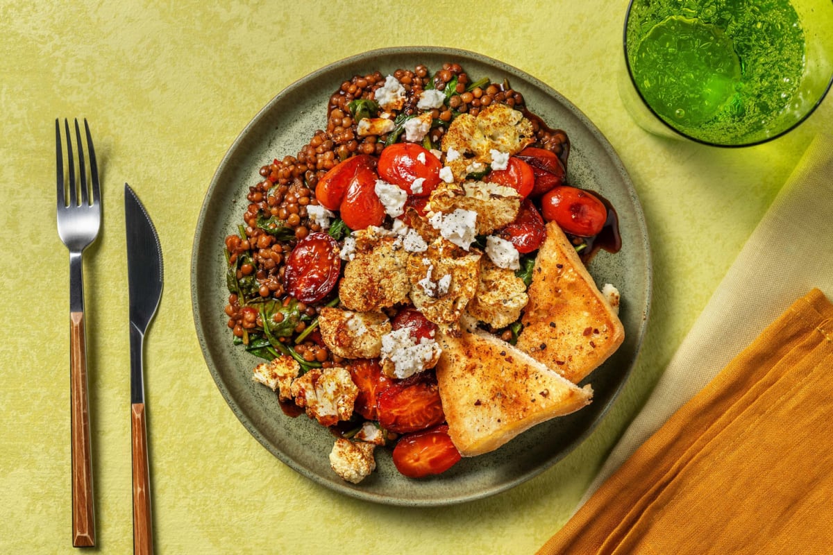 Chermoula Broccoli on Harissa Lentils