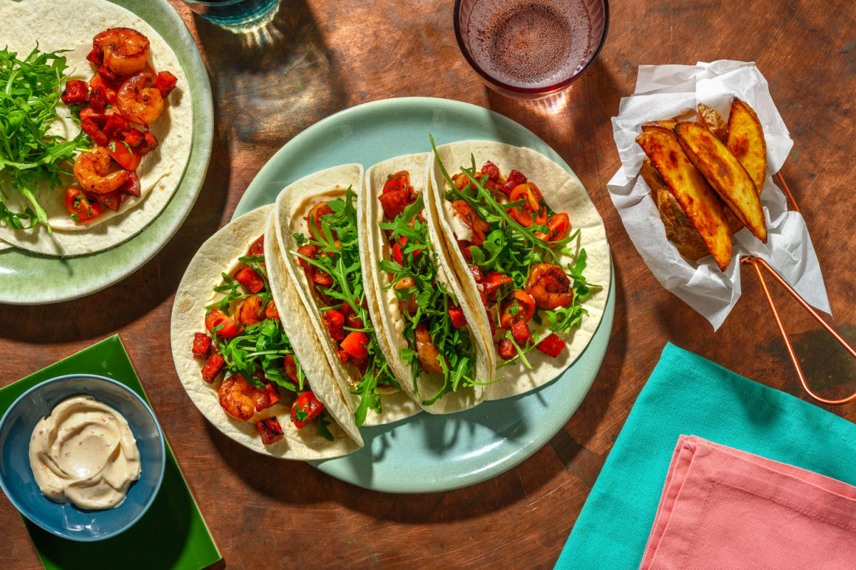 Chimichurri Chorizo and Prawn Tacos