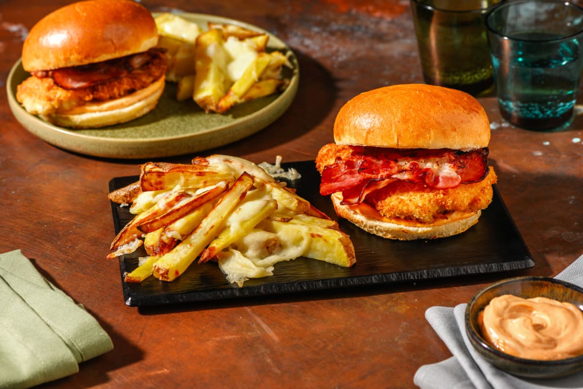 Fried Chicken Burger and Cheesy Chips