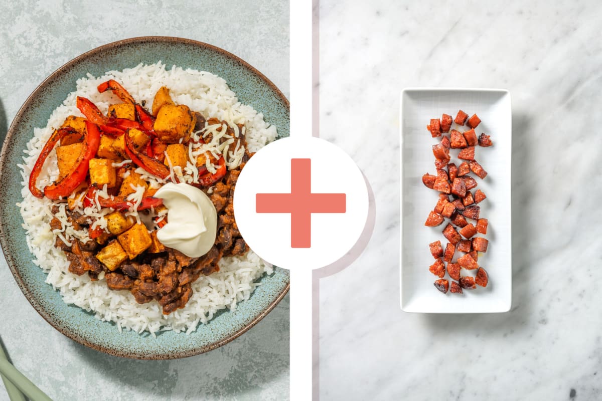 Chorizo, Butternut Squash and Refried Bean Burrito Bowl