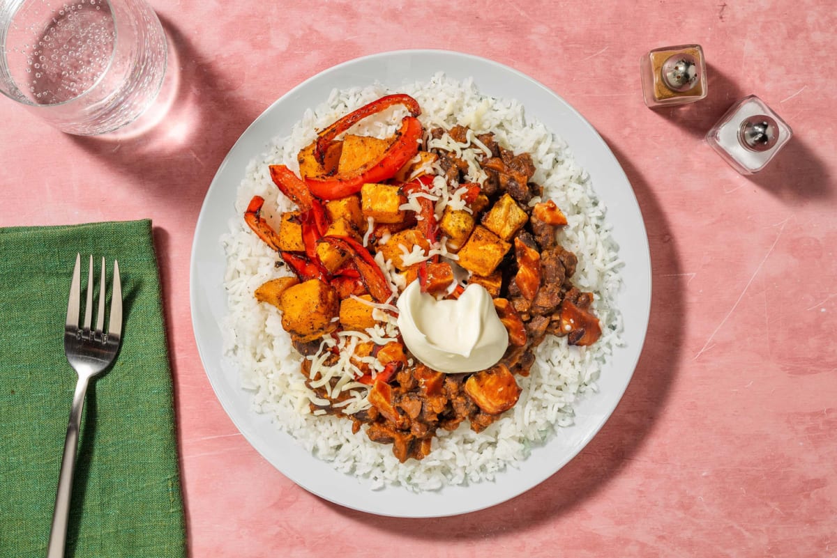 Chicken, Sweet Potato and Refried Bean Burrito Bowl