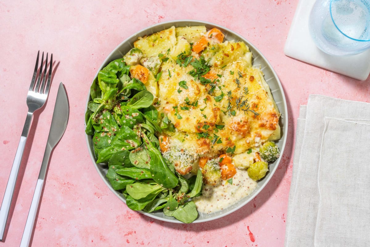 Rosenkohl-Kartoffel-Gratin mit Panko-Käsekruste