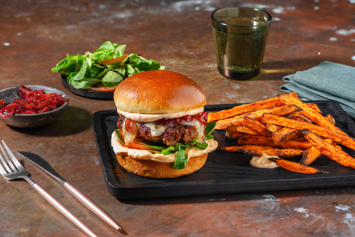 Cheesy Chorizo and Beef Burger Recipe HelloFresh