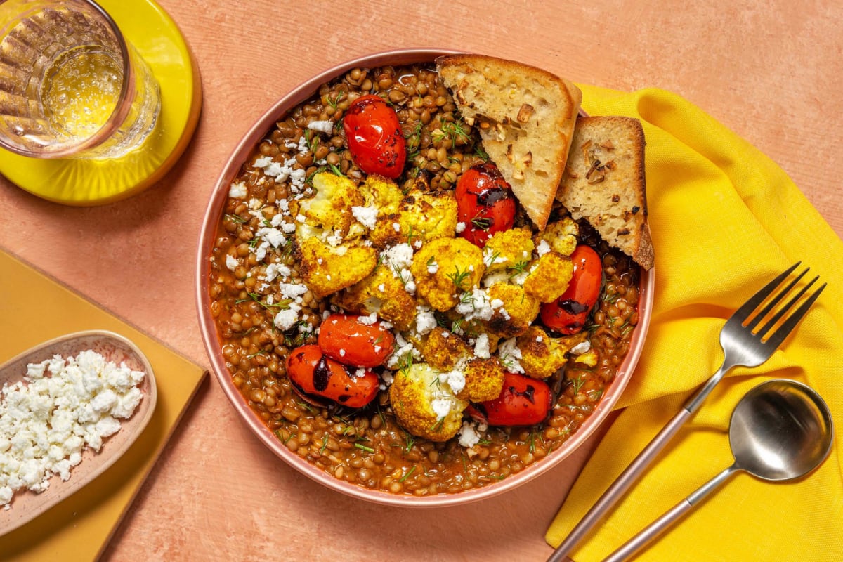 Chermoula Cauliflower on Harissa Lentils