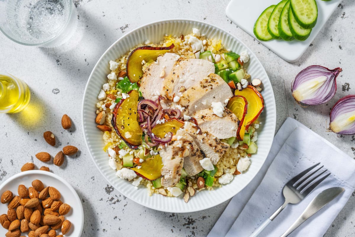 Bulgursalade met kipfilet en geroosterde bietjes