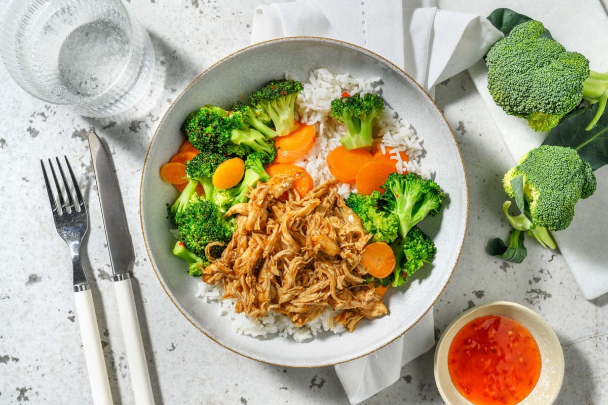 Reisbowl mit Pulled Chicken Hoisin