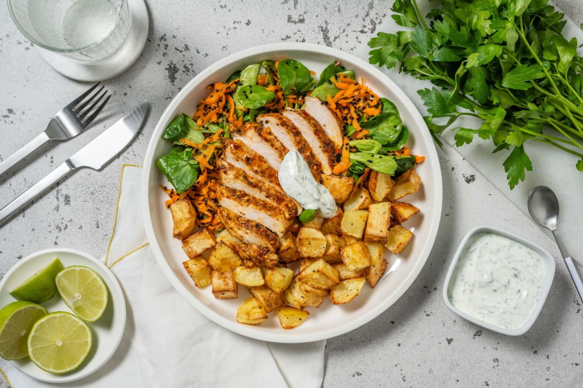 Scharfes Hähnchen mit Karotten-Feldsalat