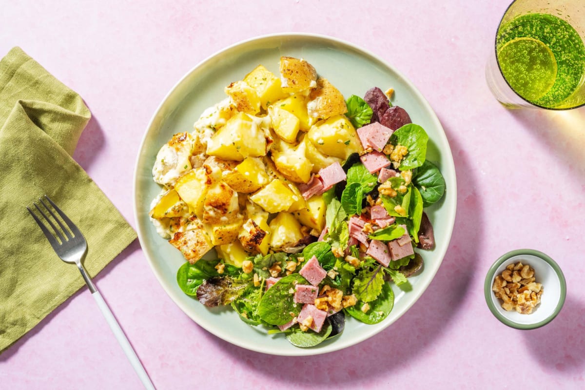 Gratin au camembert & salade jambon-noix