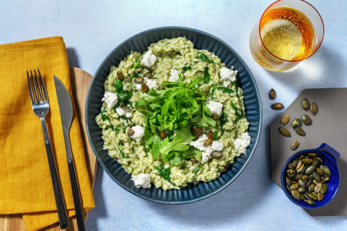 Risotto au chèvre, pesto & graines de courge