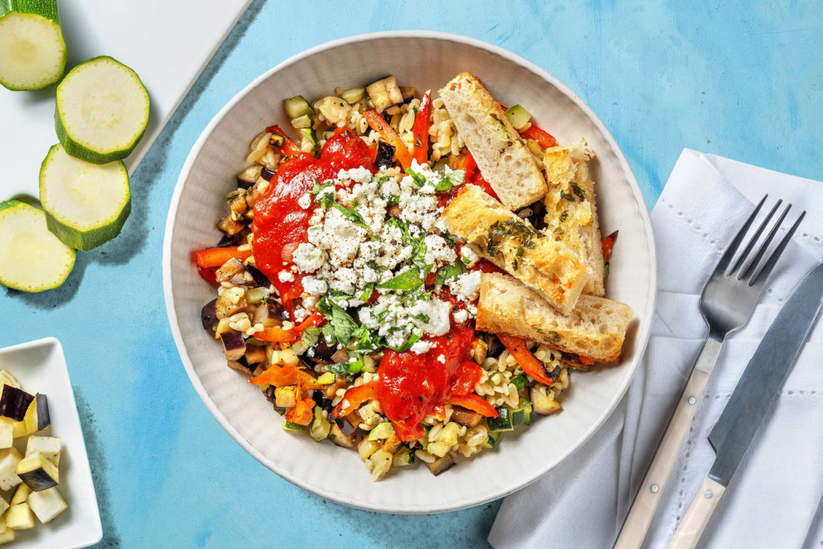 Ratatouille van geroosterde groenten met gerookte paprika en knoflookbrood