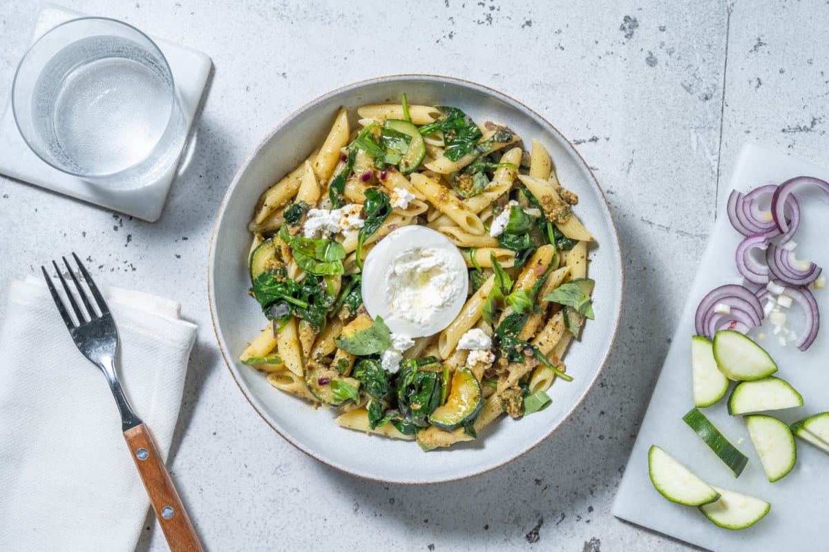 Pasta primavera courgette & burrata