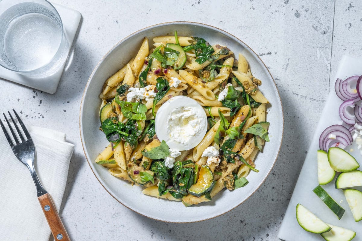 Pasta primavera courgette & burrata